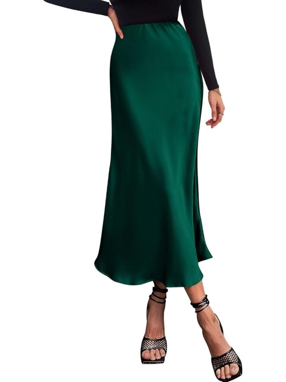 Women Green High Waist Satin A-Line Elegant Slip Bias Cut Flowy Long Midi Skirt